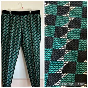 Lafayette 148 Teal Green Black Ankle Pants Geometric Print Classic Career Preppy